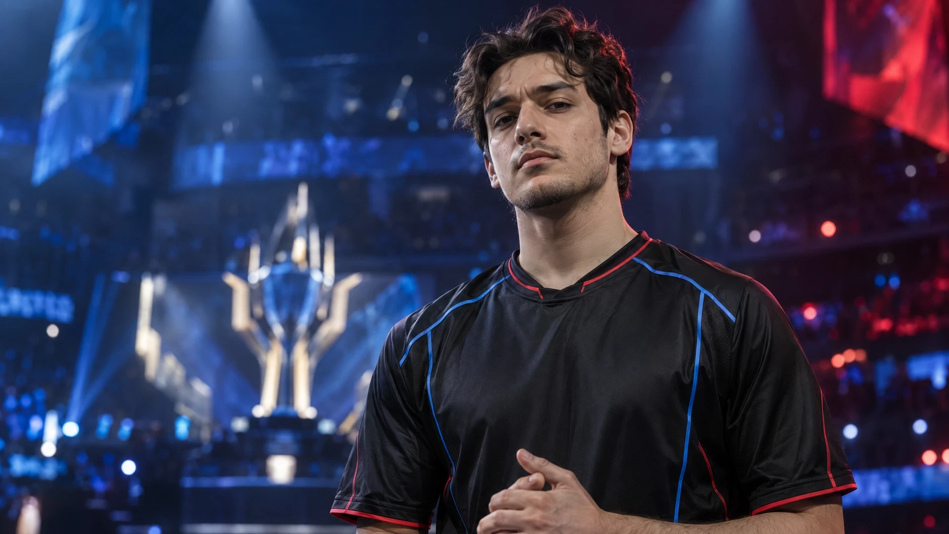 Jogador de eSports em uniforme escuro diante de uma arena iluminada em azul e vermelho